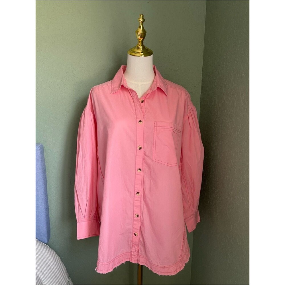 Free People We the Free Cotton Happy Hour Button Down Poplin Shirt Size S Pink